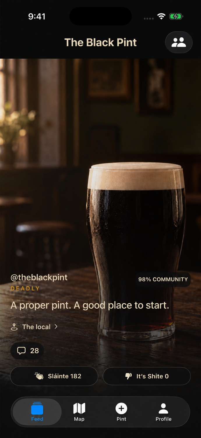 The Black Pint iPhone Feed showing a sample pint post, reactions, comments and a venue link
